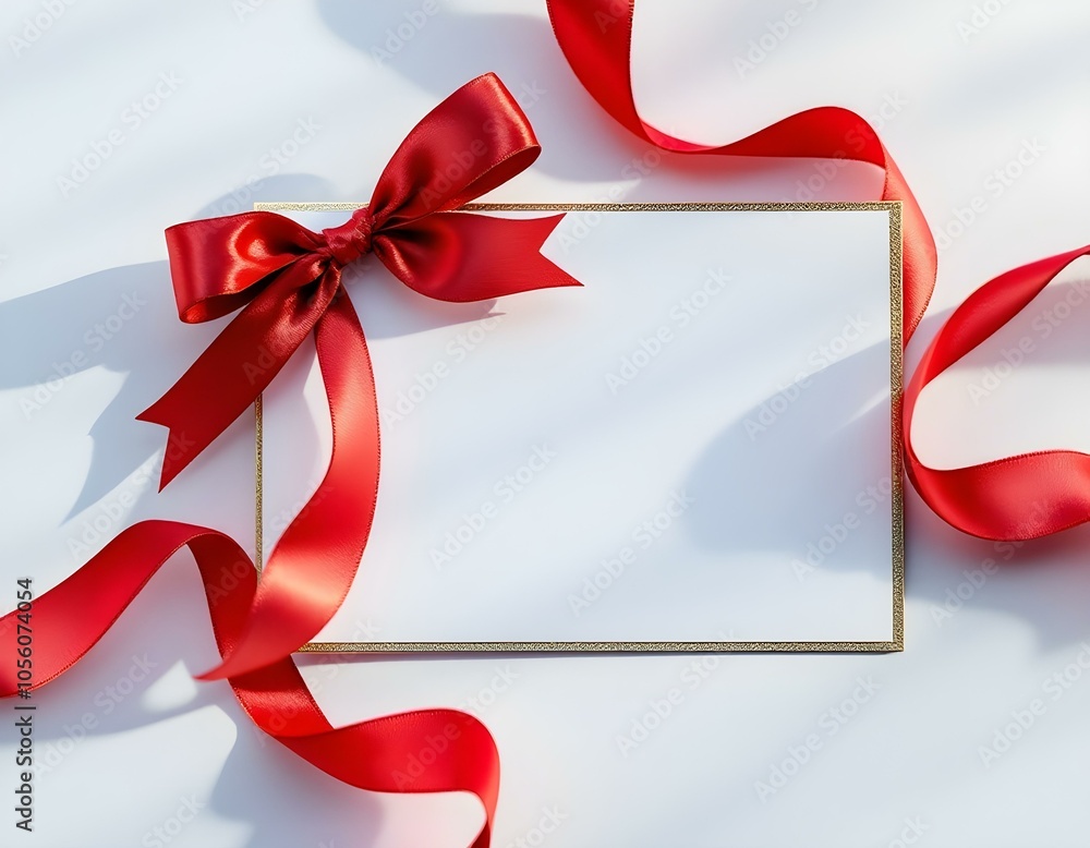 Elegant Blank Rectangular Card with Deep Red Satin Ribbon Bow and Gold Edging on White Background Elegant Blank Rectangular Card with Deep Red Satin Ribbon Bow and Gold Edging on White Background
