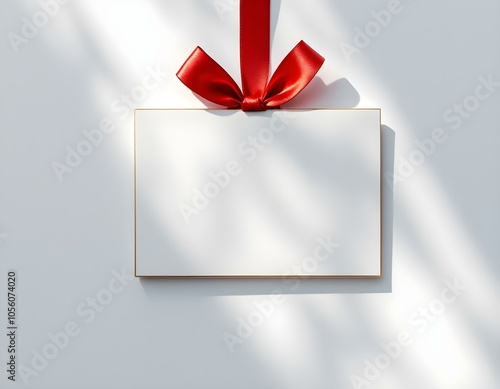 Elegant Blank Rectangular Card with Deep Red Satin Ribbon Bow and Gold Edging on White Background