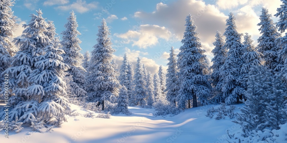 Obraz premium Dense pine forest with towering larches blanketed in fresh snow, showcasing winter's beauty after a spring snowstorm