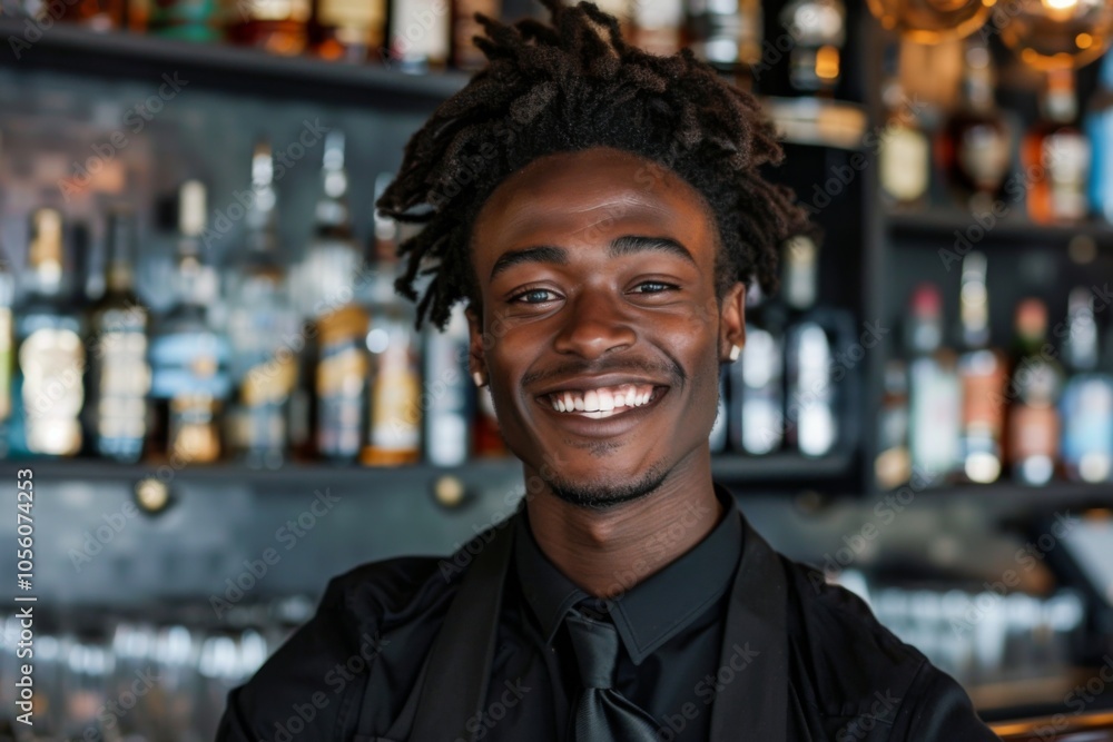 Smiling portrait of a young African American male bartender Smiling portrait of a young African American male bartender