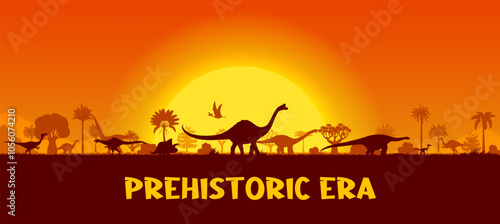 Dinosaur silhouettes on prehistoric sunset landscape of Jurassic era, vector background. Prehistoric dinosaur silhouettes, giant lizards and dino reptiles with pterodactyl in jungle forest with sunset