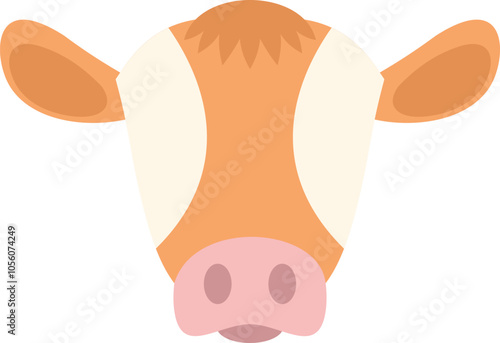 Simple cartoon vector illustration of a brown and white cow face looking forward