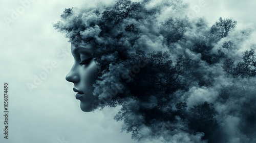 woman’s face obscured in a soft, white cloud, evoking themes of mental fog, introspection, and emotional depth. The image conveys a feeling of clouded thoughts, headache, and psychological introspecti