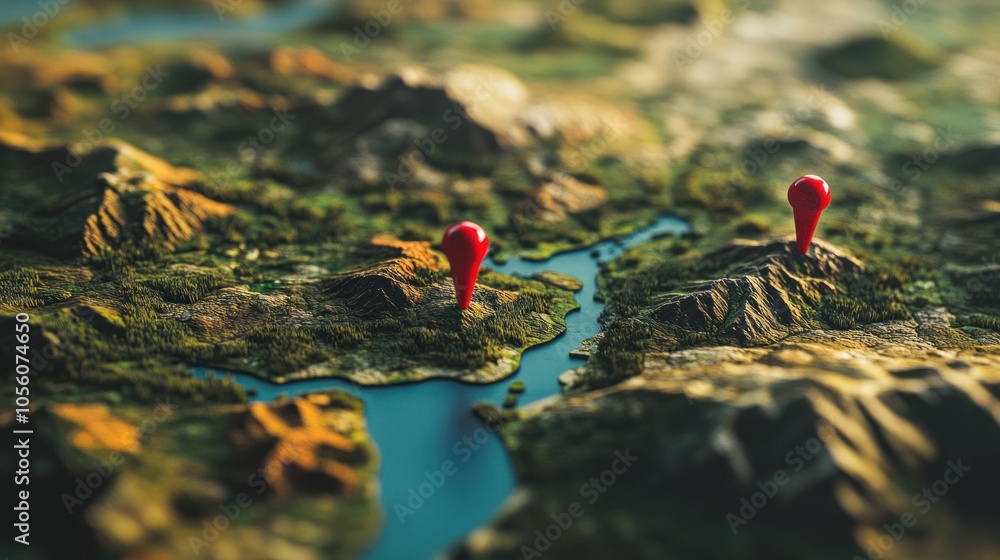 A detailed landscape map with location markers highlighting specific points. A detailed landscape map with location markers highlighting specific points.