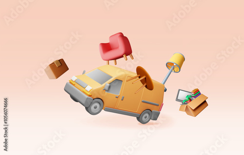 3D delivery van with home items isolated. Render moving to new house. Relocation to new home. Boxes with goods. Package transportation. Furniture, lamp, plant, books. Vector illustration