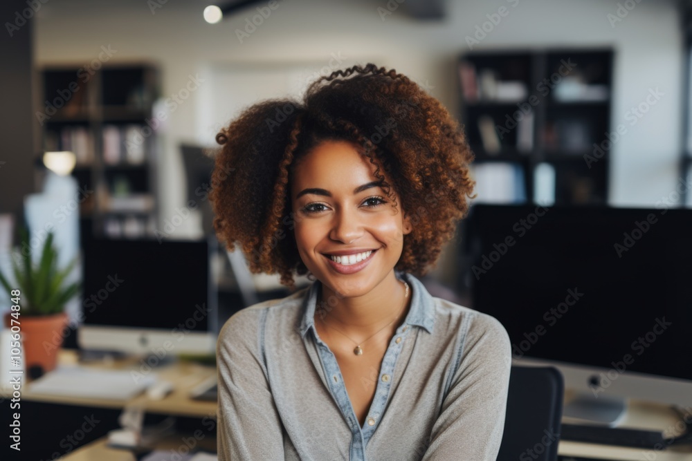 Smiling portrait of a young hipster African American woman in office Smiling portrait of a young hipster African American woman in office