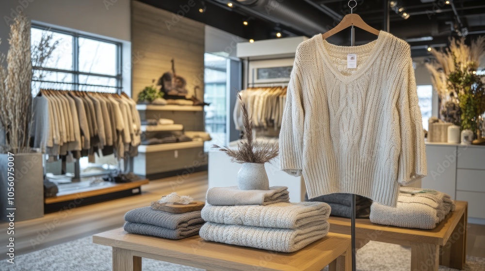 A cozy retail space showcasing knitted sweaters and folded textiles on wooden tables. A cozy retail space showcasing knitted sweaters and folded textiles on wooden tables.