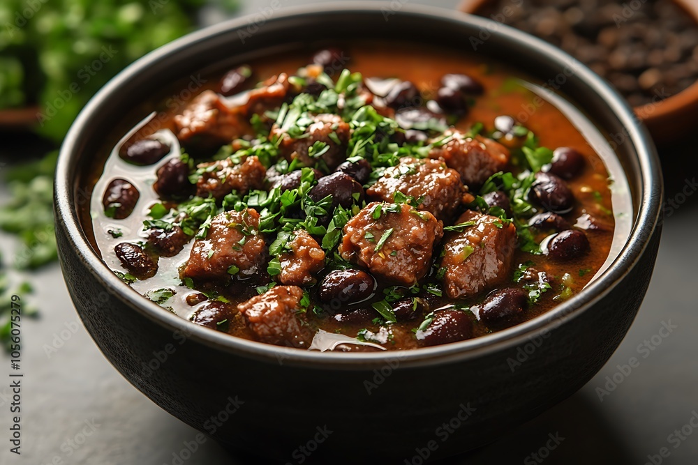 A hearty bowl of beef and black bean soup or stew. A hearty bowl of beef and black bean soup or stew.