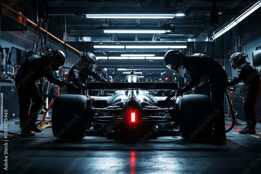 Obraz premium Manager supervising pit crew as they work on formula one race car in dimly lit garage