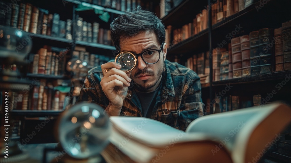Man using magnifying glass in antique bookstore Man using magnifying glass in antique bookstore