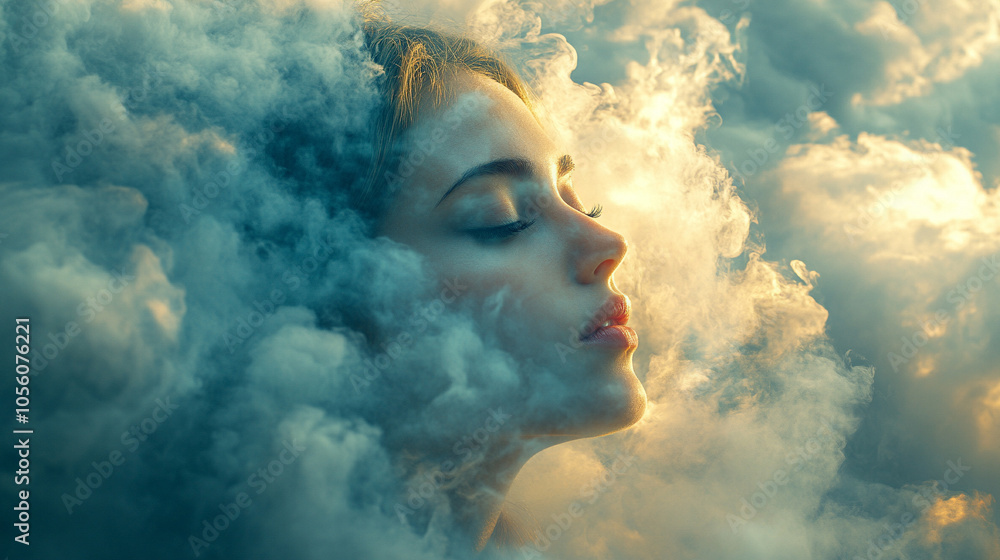 woman’s face obscured in a soft, white cloud, evoking themes of mental fog, introspection, and emotional depth. The image conveys a feeling of clouded thoughts, headache, and psychological introspecti woman’s face obscured in a soft, white cloud, evoking themes of mental fog, introspection, and emotional depth. The image conveys a feeling of clouded thoughts, headache, and psychological introspecti