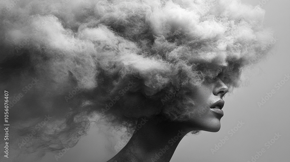 woman’s face obscured in a soft, white cloud, evoking themes of mental fog, introspection, and emotional depth. The image conveys a feeling of clouded thoughts, headache, and psychological introspecti woman’s face obscured in a soft, white cloud, evoking themes of mental fog, introspection, and emotional depth. The image conveys a feeling of clouded thoughts, headache, and psychological introspecti