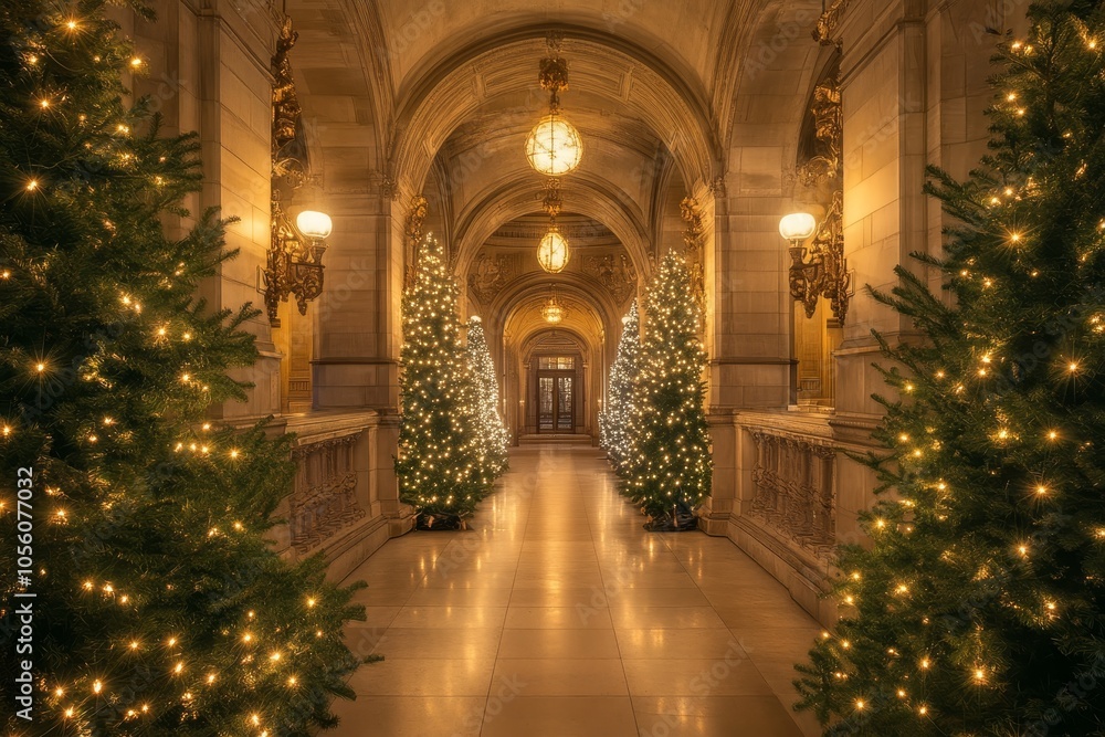 Festive hallway adorned with christmas trees and sparkling lights leading to historic stonework