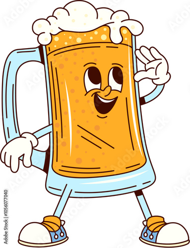Groovy beer tankard character with bubbly foam on top, wearing sneakers and smiling, giving a friendly wave. Cartoon vector playful glass cup personage exuding happiness, celebration fun and festivity