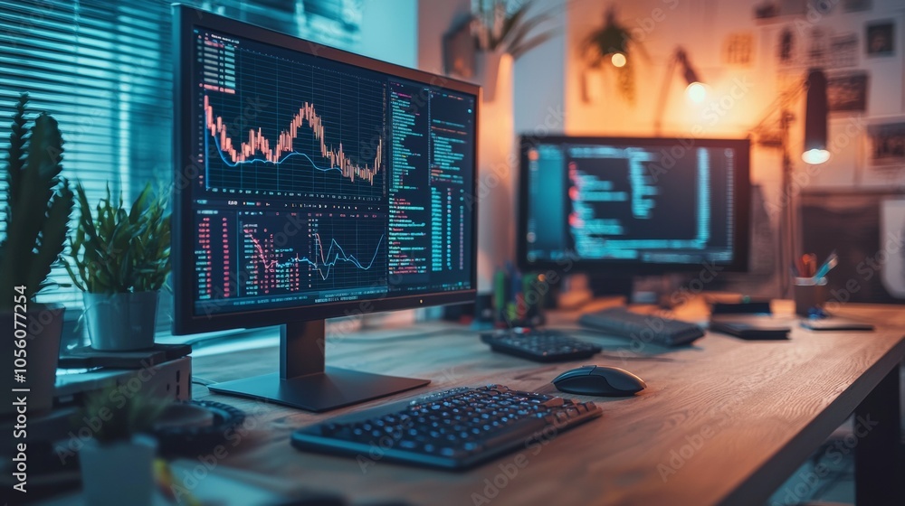 Workstation with multiple monitors displaying financial data and coding Workstation with multiple monitors displaying financial data and coding
