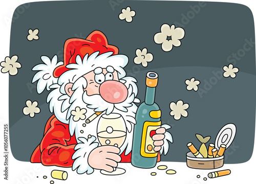 Slightly drunk Santa Claus smoking at his festive table with a wine bottle and a tin can of sprats with cigarette butts, vector cartoon illustration