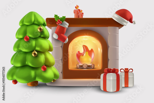 Realistic vector 3d christmas or new year composition isolated on white background. Bright burning fireplace with xmas tree and festive elements. Modern cute child illustration.