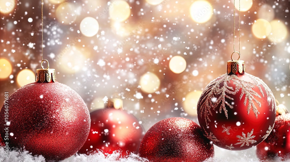 Fototapeta premium Enchanting Close-Up of Red Christmas Ornaments Amid Twinkling Lights – Perfect for Festive Home Decor or Holiday-Themed Poster in Your Living Room!