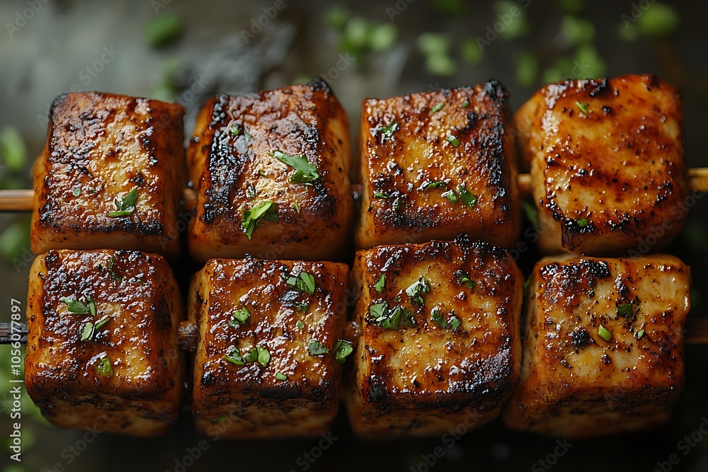 Grilled tofu skewers seasoned with herbs on a dark background. Grilled tofu skewers seasoned with herbs on a dark background.