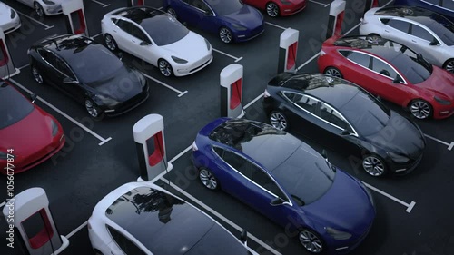 Generic electric car charging at station dock point in parking lot. Socket for EV vehicle battery charger. Nature energy, Clean energy, Green eco concept. Plugging in cable.