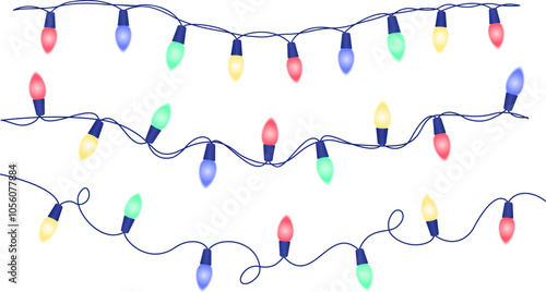 Set of glowing holiday garland with colorful multicolored bulbs. Festive, Christmas New Year decoration. Design element of winter Christmas card. Vector illustration