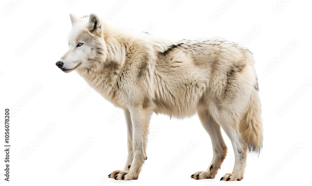 Fototapeta premium A Majestic Standing Arctic Wolf Isolated on a White Background, Showcasing Its Striking Features and Wild Beauty, Perfect for Representing Nature and Wildlife Conservation