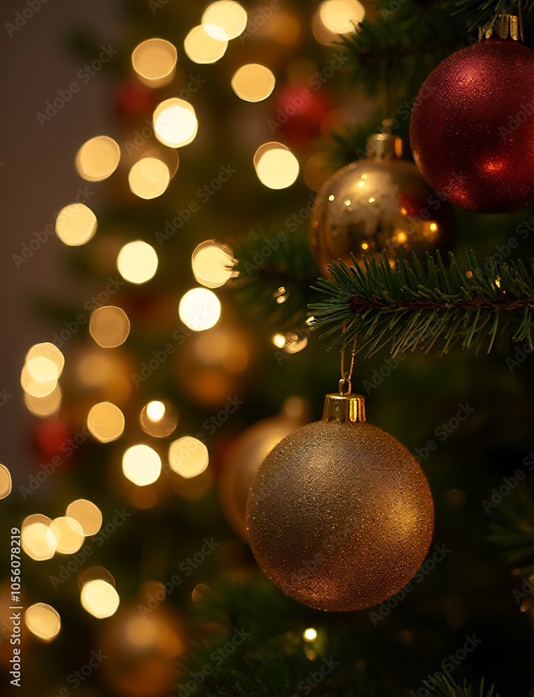 Shiny lights on a Christmas tree with sparkly baubles create a beautiful festive atmosphere indoors. Shiny lights on a Christmas tree with sparkly baubles create a beautiful festive atmosphere indoors.