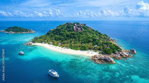  Tropical island with white sands and crystal-clear water, surrounded by blue waves