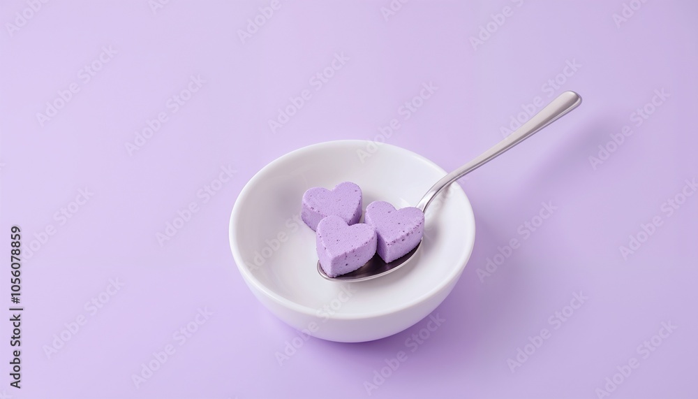 Purple Heart-Shaped Sugar Cubes in White Bowl for Valentine's Day Purple Heart-Shaped Sugar Cubes in White Bowl for Valentine's Day