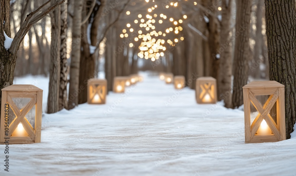 A snowy pathway lined with lanterns and fairy lights in a serene setting. A snowy pathway lined with lanterns and fairy lights in a serene setting.