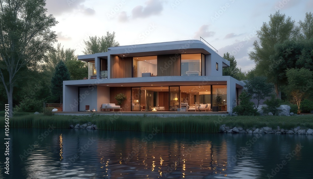 Obraz premium 3D rendering showcases a modern style house with a lake in front, captures the serene beauty of the landscape, ideal for architectural presentations and real estate showcases