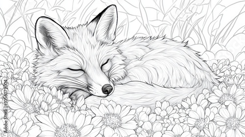A serene fox rests peacefully among vibrant daisies in a tranquil garden setting during a sunny afternoon, coloring page