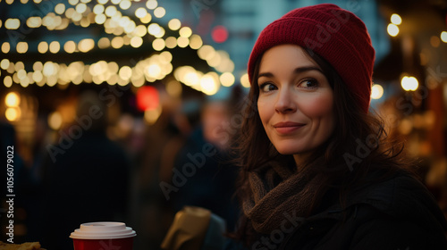 Festive Christmas Market with Woman in Red Hat and Coffee Cup photo