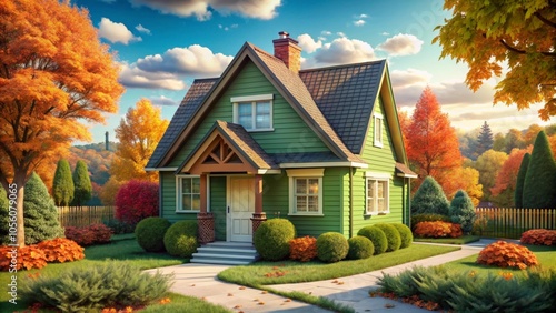Idyllic scenery of a green suburban house with a garden and vibrant autumn trees at sunset