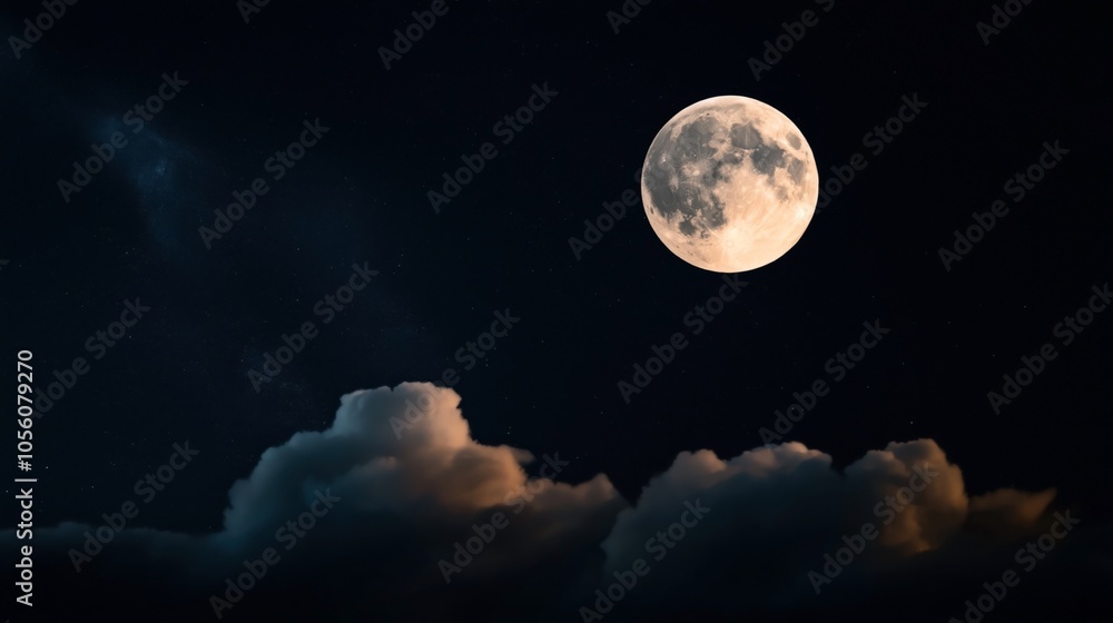 Full moon shining brightly in a clear night sky with clouds below, creating a serene and tranquil atmosphere. Full moon shining brightly in a clear night sky with clouds below, creating a serene and tranquil atmosphere.