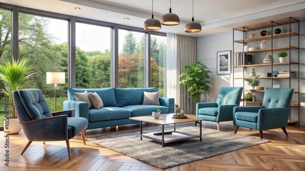 Sunlight illuminates a stylish living room with comfortable blue furniture, creating a relaxing and inviting atmosphere Sunlight illuminates a stylish living room with comfortable blue furniture, creating a relaxing and inviting atmosphere