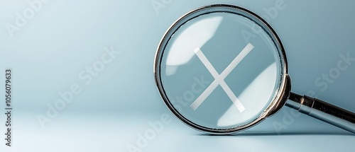 Checkmark under magnifying glass on light blue background, symbol of inspection, accuracy, and verification
