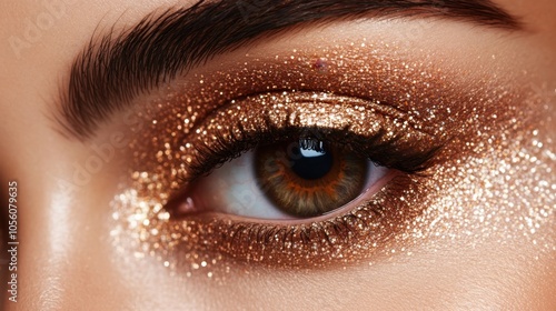 Captivating close-up of a mesmerizing eye adorned with shimmering gold glitter during an evening make-up session