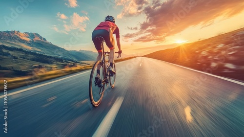 A cyclist rides along a scenic road at sunset, capturing a moment of adventure and freedom.