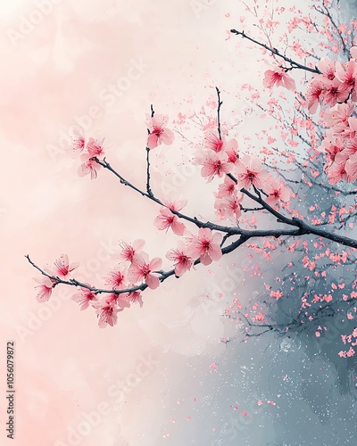 single cherry blossom branch with light pastel sky, ample room for text photo