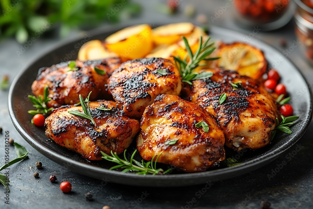 Grilled chicken thighs with herbs and lemon on a dark background Grilled chicken thighs with herbs and lemon on a dark background
