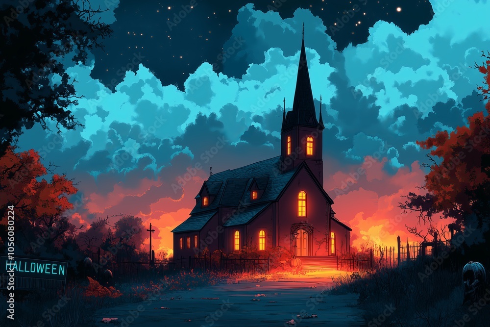 Old Gothic House Illuminated Under a Haunted Sky, Spooky Halloween Night Scene with Shadows and Mystery Old Gothic House Illuminated Under a Haunted Sky, Spooky Halloween Night Scene with Shadows and Mystery