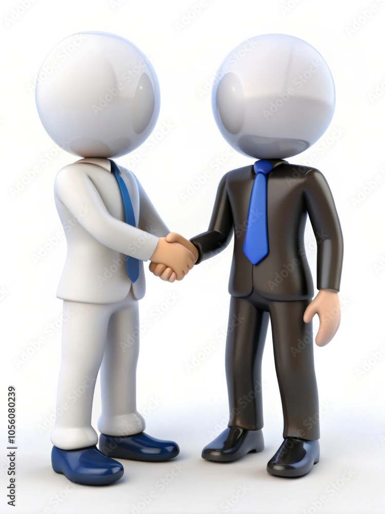 Two professional cartoon characters in business attire shake hands, representing successful teamwork and a deal in business Two professional cartoon characters in business attire shake hands, representing successful teamwork and a deal in business