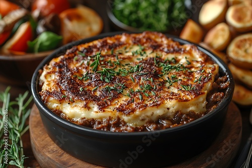 A close-up shot of a freshly baked shepherd's pie