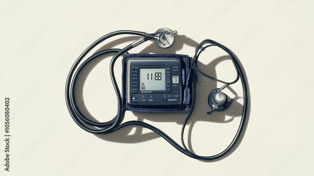 High-Detail Image of Blood Pressure Monitor with Digital Display and Cuff, Isolated on White Background, Emphasizing Medical Precision and Realistic Display Readings High-Detail Image of Blood Pressure Monitor with Digital Display and Cuff, Isolated on White Background, Emphasizing Medical Precision and Realistic Display Readings