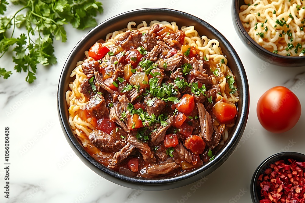 A hearty bowl of beef stew with pasta and fresh herbs. A hearty bowl of beef stew with pasta and fresh herbs.