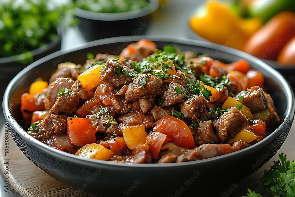 A hearty beef stew with tomatoes, peppers, and fresh parsley A hearty beef stew with tomatoes, peppers, and fresh parsley