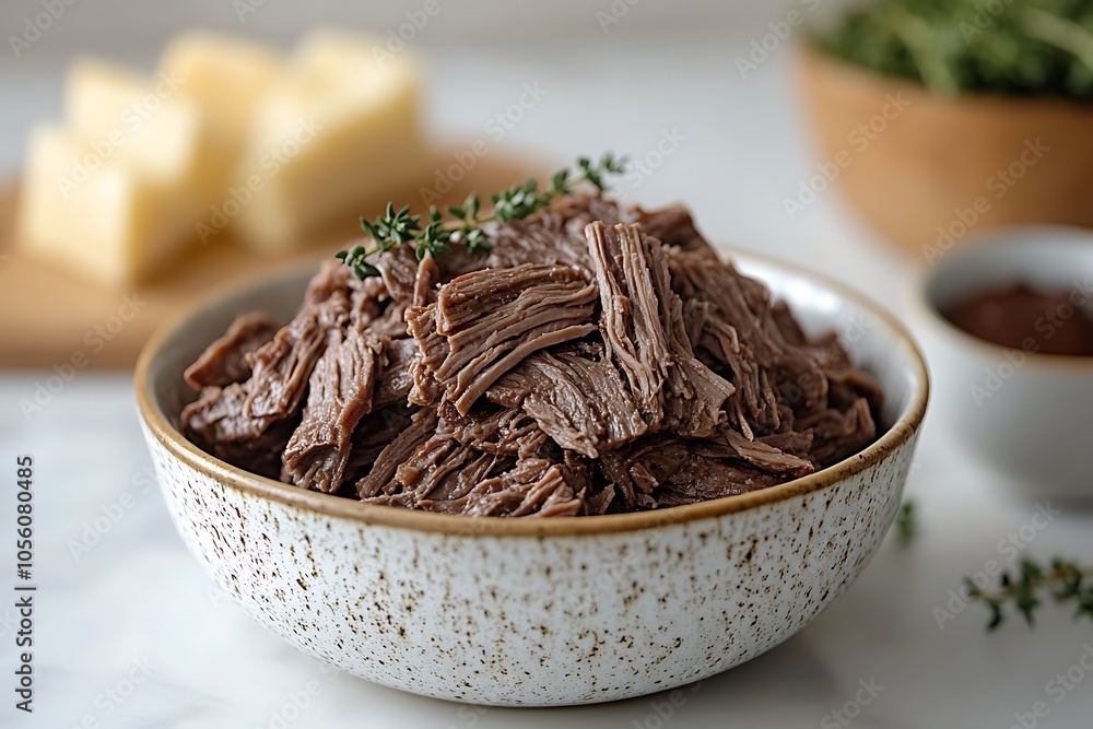 A rustic bowl of tender shredded beef, garnished with fresh thyme. A rustic bowl of tender shredded beef, garnished with fresh thyme.