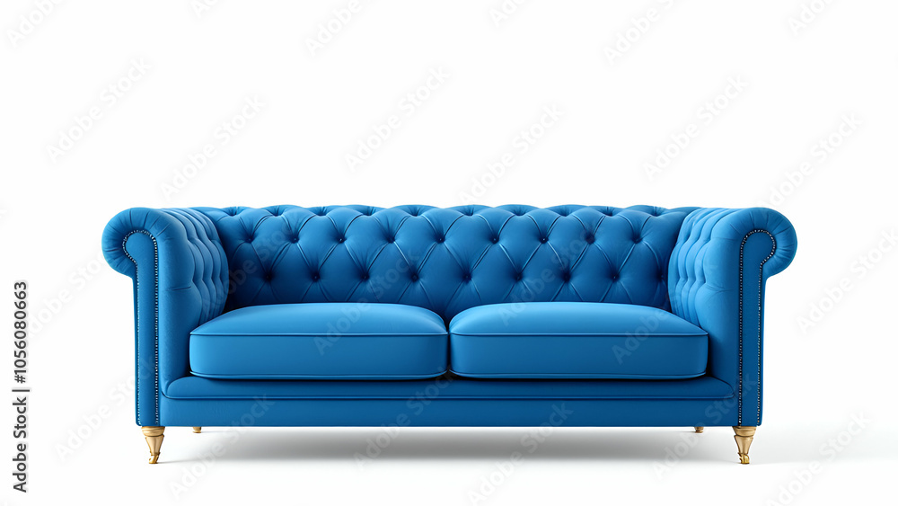 A classic blue Chesterfield sofa with tufted backrest, rolled arms, and gold legs, isolated on a white background A classic blue Chesterfield sofa with tufted backrest, rolled arms, and gold legs, isolated on a white background