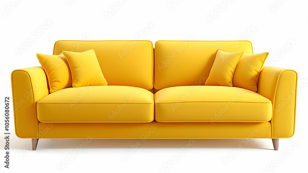 Fototapeta premium A modern yellow sofa with three soft pillows sits on a white background. It has a simple design with a slight curve on the armrests and wooden legs.